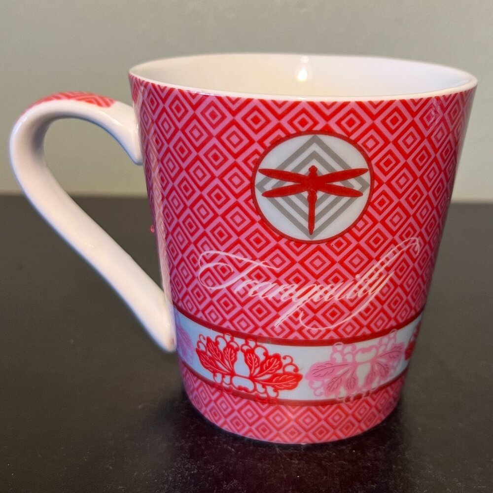 Blue Harbor Debra Valencia TRANQUILITY Ceramic Mug Dragonfly Pink Floral 14oz